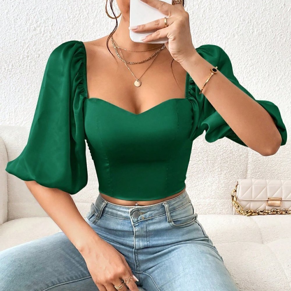 Dark Green Casual Women's Sweetheart Neck Puff Sleeve Crop Blouse - Picture 3 of 5
